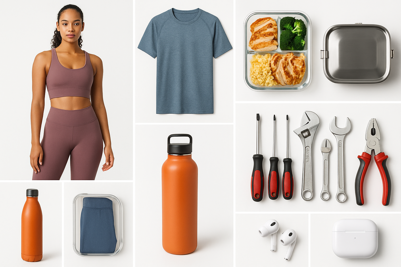 collage de producctos: ropa fitnes, potes de comida premium, herramientasde trabajo, etc