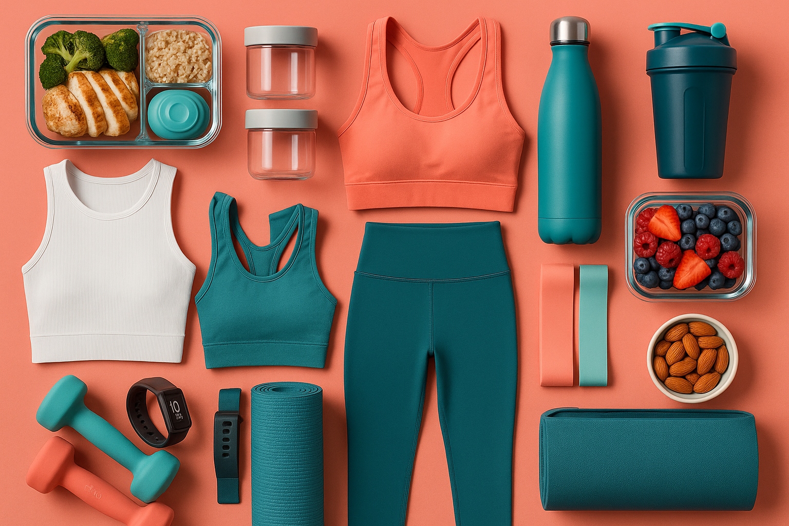 collage: ropa fitnes, potes de comida premium, botellas de agua fitnes, etc